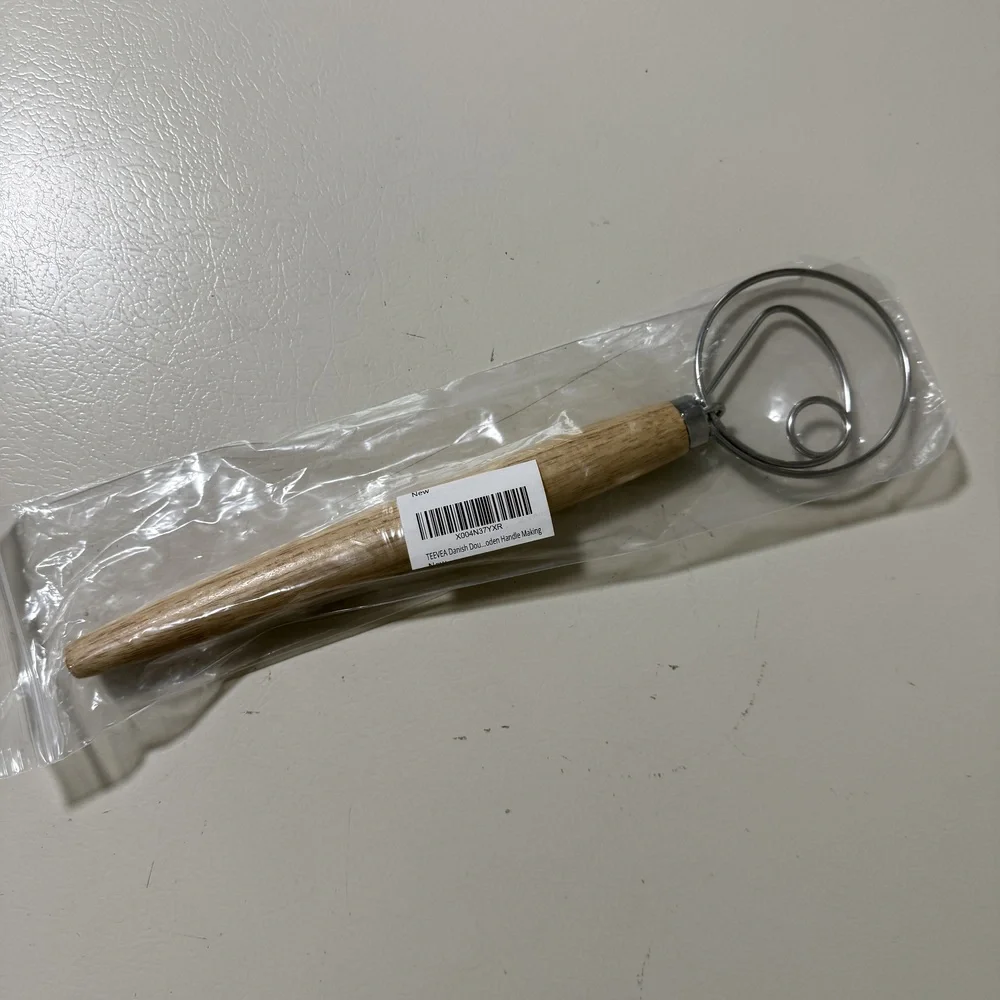 TEEVEA Danish Dough Whisk Stainless Steel Wooden Handle Bread Dough Mixer